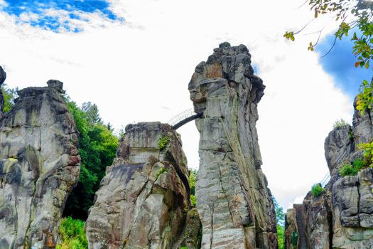 The Externsteine in Indian Summer Look, striking sandstone rock formation in the Teutoburg Forest, Germany, North Rhine Westphalia