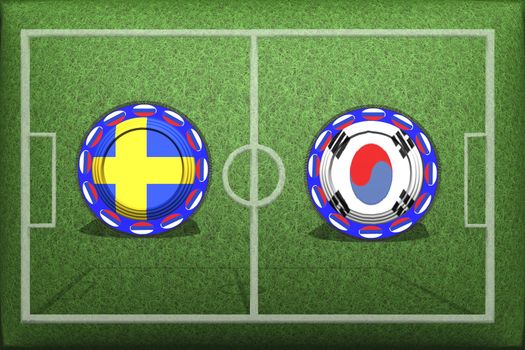 Football, World Cup 2018, Game Group F, Sweden - South Korea, Monday, June 18, Button with national flags on the green grass.