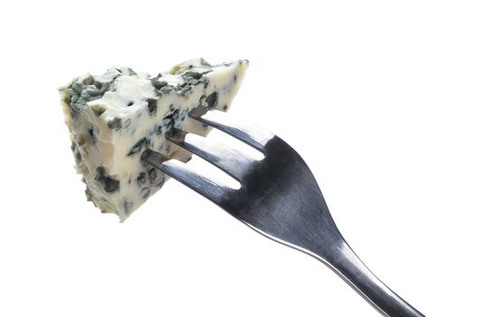 Danish blue cheese on fork isolated on white background with clipping path.