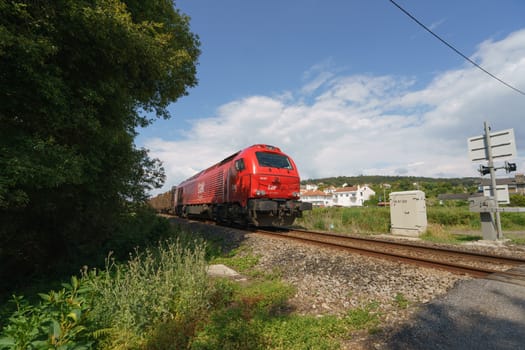 The red cargo train in the northern Portugal