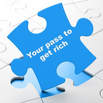 Business concept: Your Pass to Get Rich on Blue puzzle pieces background, 3D rendering