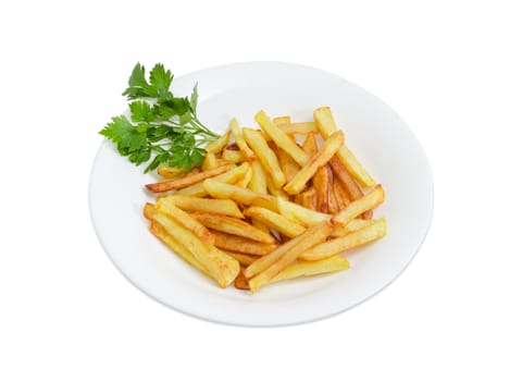 Serving of the French fries with twigs of the parsley on the white dish on a light background
