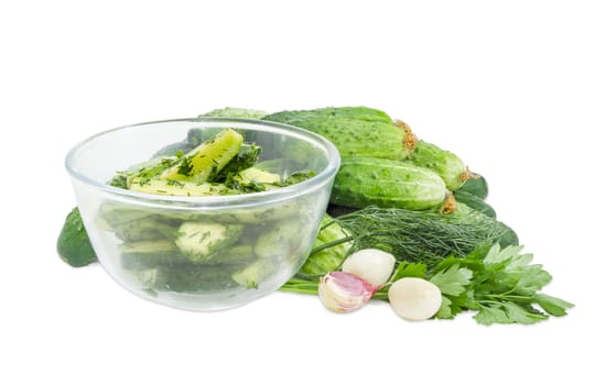 Lightly salted cucumbers in the glass bowl on a background of a pile of the freshly picked out cucumbers, parsley, dill and garlic on a white background
