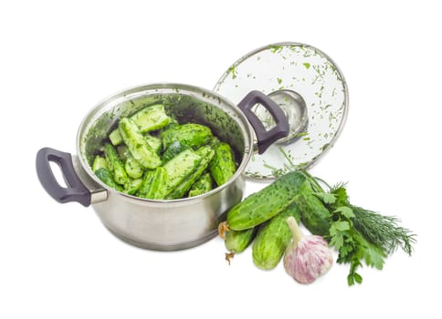 Lightly salted cucumbers in the stainless steel saucepot, glass cover, freshly picked out cucumbers, parsley, dill and garlic beside on a white background
