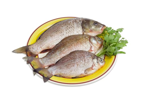 Carp and crucians prepared for cooking on dish