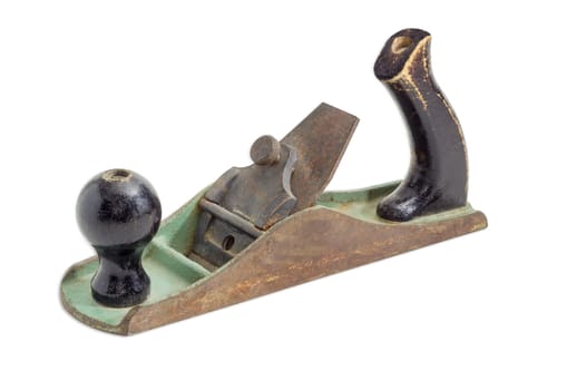 Old metal hand plane with wooden handles on a white background
