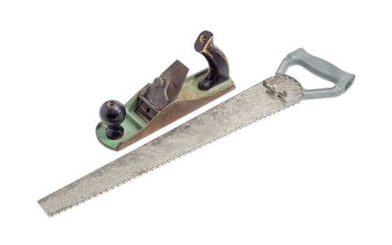 Old metal hand plane with wooden handles and old crosscut hand saw with handle with interchangeable blades and quick-release nut on a white background
