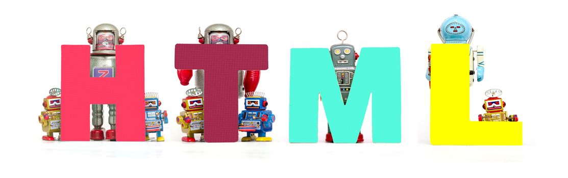 retro tin robot toys hold up the word   HTML isolated on white banner