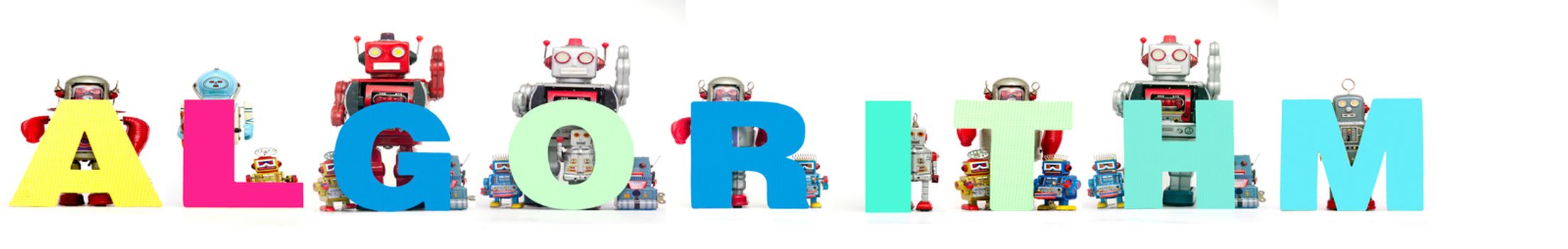 retro tin robot toys hold up the word ALGORITHM isolated on white 