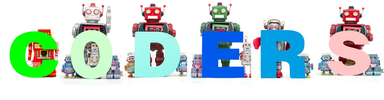 retro tin robot toys hold up the word CODING isolated on white 
