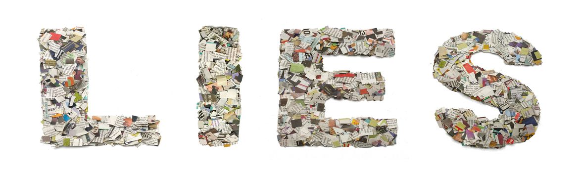 the word   LIES  made from newspaper confetti  isolated 