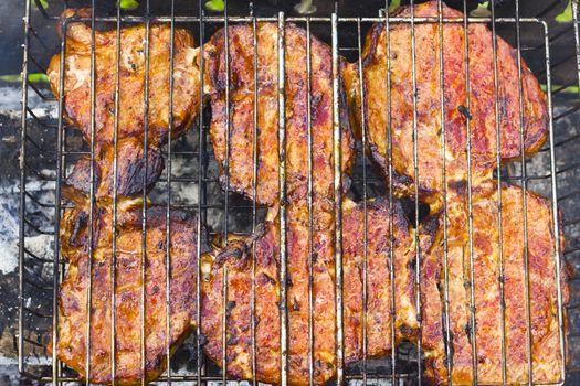 Ready to eat meat steak fry on the grill fire. Barbecue fresh food delicious pork cooking on metal grid