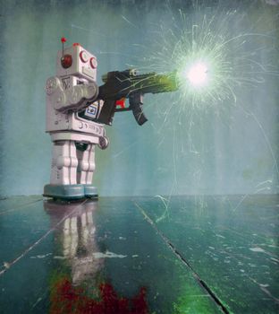 retro robot toy shoots a big gun on a wooden floor