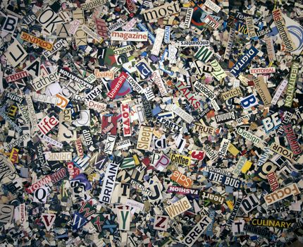 A  random  selection of word cut out from old magazines   with confetti