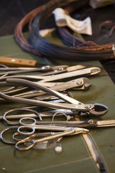 different tools for gardening and careing of bonsai trees.