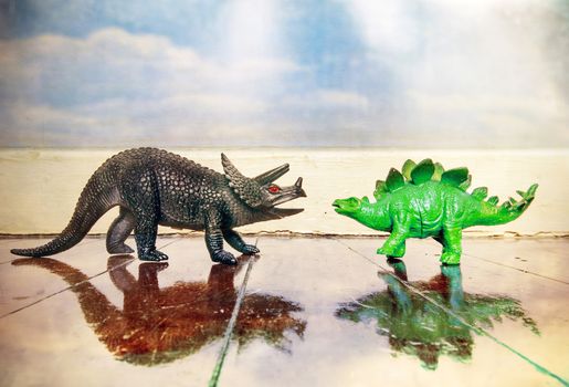 Stegosaurus and  styracosaurus; on a wooden floor with reflection