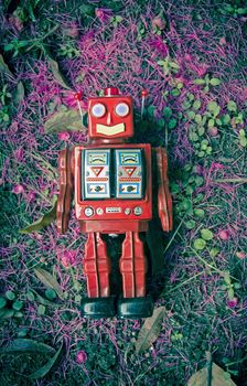 vintage red robot on the ground 