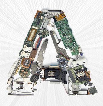 The Letter A made up from old electronic parts