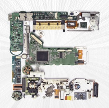 The Letter  E  made up from old electronic parts