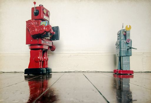 stick them up , robo cop puts robot undr arrest , on old wooden floor with reflection