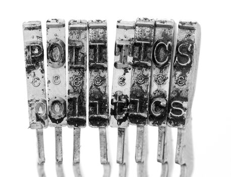 The word  POLITICS with old typewriter hammers macro image 