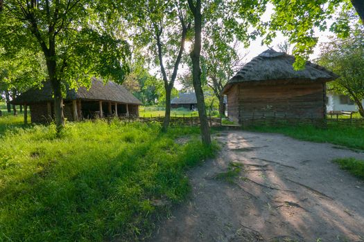 A wooden house with a thatched roof and a cowshed with beams and branches. Simple and practical