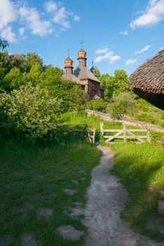 path to the hill to a wooden antique baroque church. Uzhhorod Ukraine