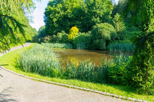 A promenade leading to a small green decorative lake in the background of a green park