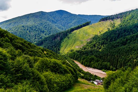 High mountains covered with green, coniferous trees. Between them flows the river