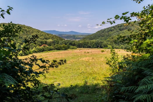 A beautiful view of the meadow with a low grass lying between the mountain slopes