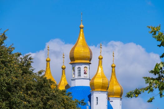 The domes of churches against the backdrop of the blue sky and the greenery of the trees calm splendor