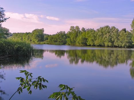 A forest lake with blue water because of the sky reflected in it