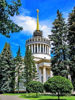 A building with a high tower and columns in the Gothic style. Around the pine and the blue sky