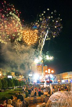 Multicolored salute against the background of the night sky. A beautiful ending to the holiday