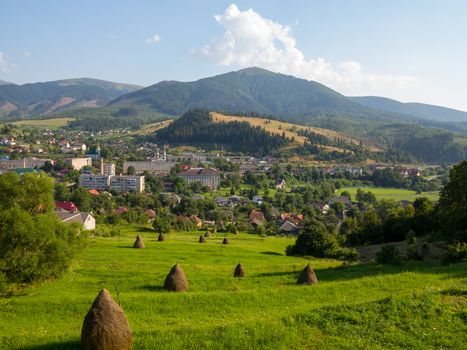 A large green pasture with haystacks. In the background, the village is visible, the inhabitants of which are hay and mowed