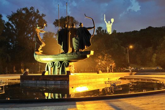 Monument to the founders of Kiev against the background of the pedestal Motherland Mother