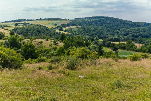 The colorful nature of green slopes with farmland and dense forest on a summer day under the scorching sun.