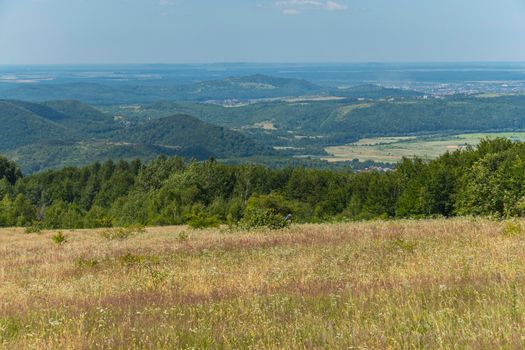 A wonderful view from the hill to the field, full of wild flowers and huge green mountains in the distance