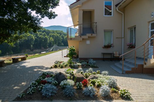 beautiful flowerbed with flowers on a paved pavement near the steps of a tidy house