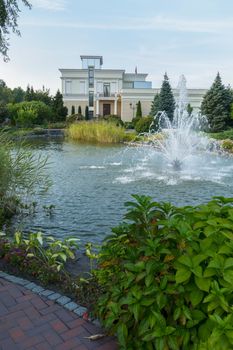 lake on the background of the house and with a large bush in the foreground