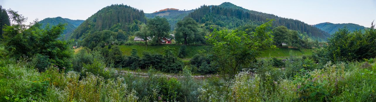 A panorama of a mountain range overgrown with spruce forest and houses under the trees at the foot