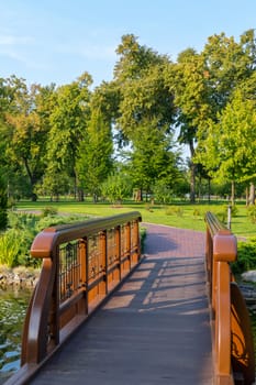 neat pedestrian bridge in the park with lacquered wooden railings