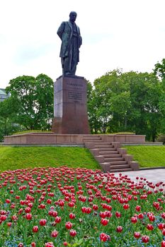 Monument to Taras Shevchenko on the background of a flower bed with beautiful red tulips