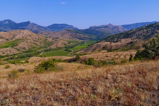 mountain landscape with a burning sun on the hills of grass and greens in the valley, against the background of the blue sky