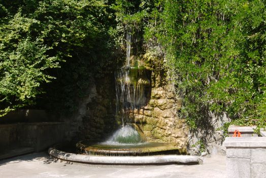 a magnificent small fountain hidden in the thick of bushes and flowing down the rocks