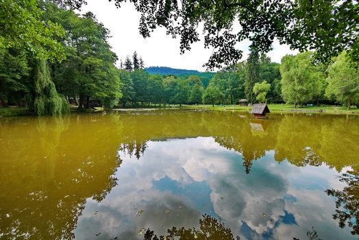 large mirror lake, reflecting trees and cumulus clouds