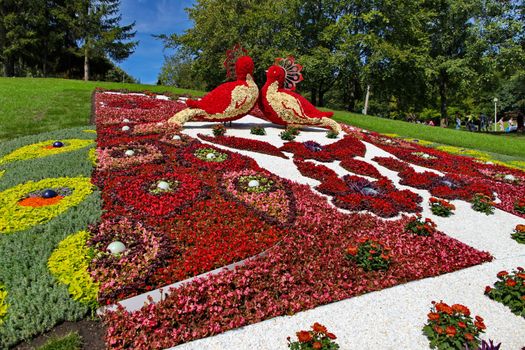 he most luxurious flower bed made in the form of two birds on a green slope