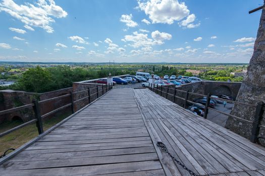 panorama of the city from an ancient fortress from a wooden bridge