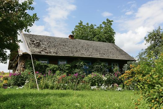 A wooden country cottage is covered with tiled windows with blue windows in an oasis of green trees.