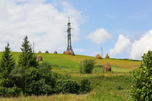 haystacks behind a fence with a power line and with trees in the foreground